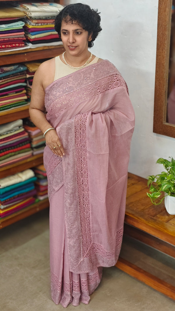 Lavender Kota Saree with Embroidery and Crochet Lace - 35BT