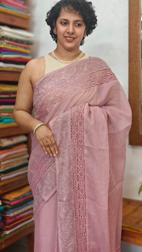 Lavender Kota Saree with Embroidery and Crochet Lace - 35BT