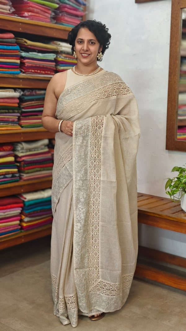 Beige Kota Saree with Embroidery and Crochet Lace - 35BT