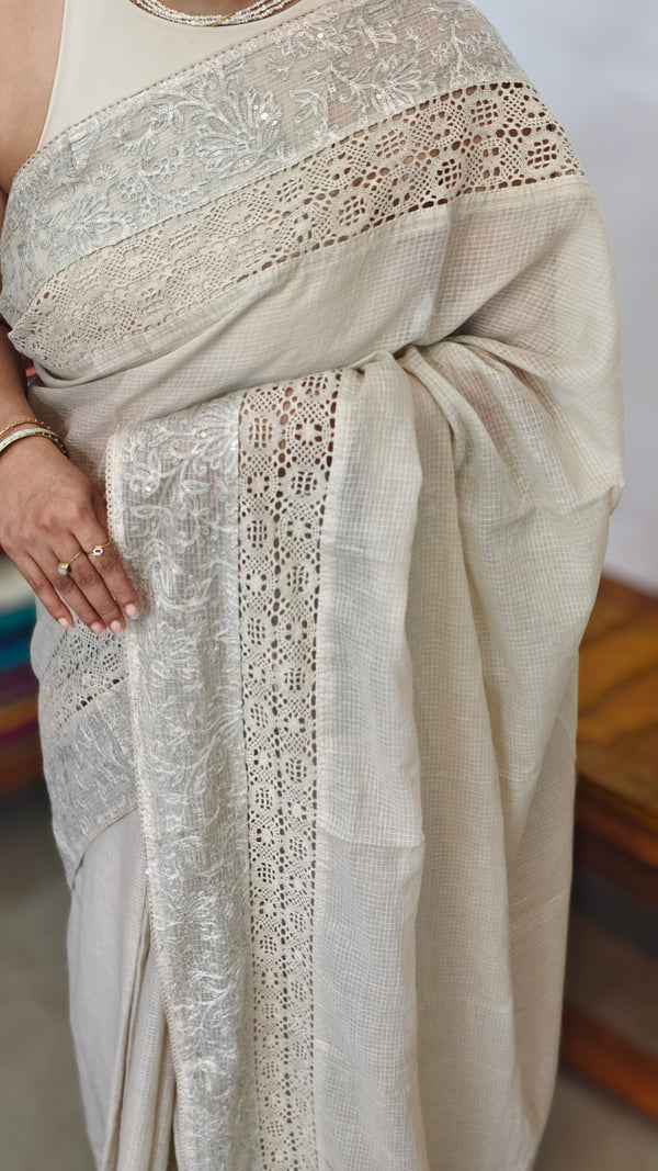 Beige Kota Saree with Embroidery and Crochet Lace - 35BT