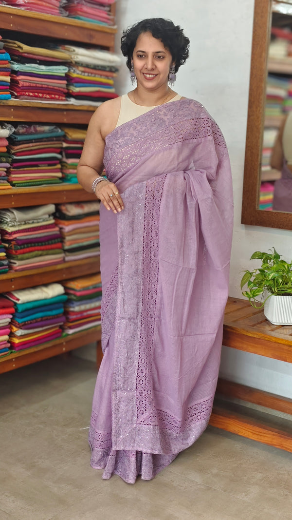 Dark Lavender Kota Saree with Embroidery and Crochet Lace - 35BT