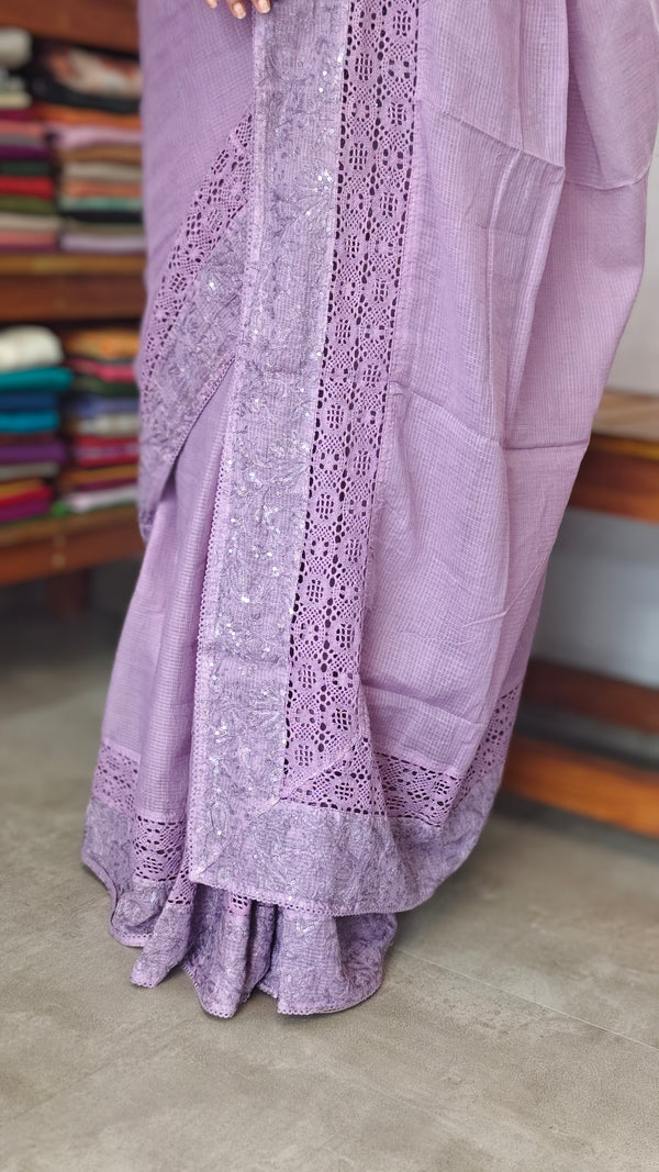 Dark Lavender Kota Saree with Embroidery and Crochet Lace - 35BT