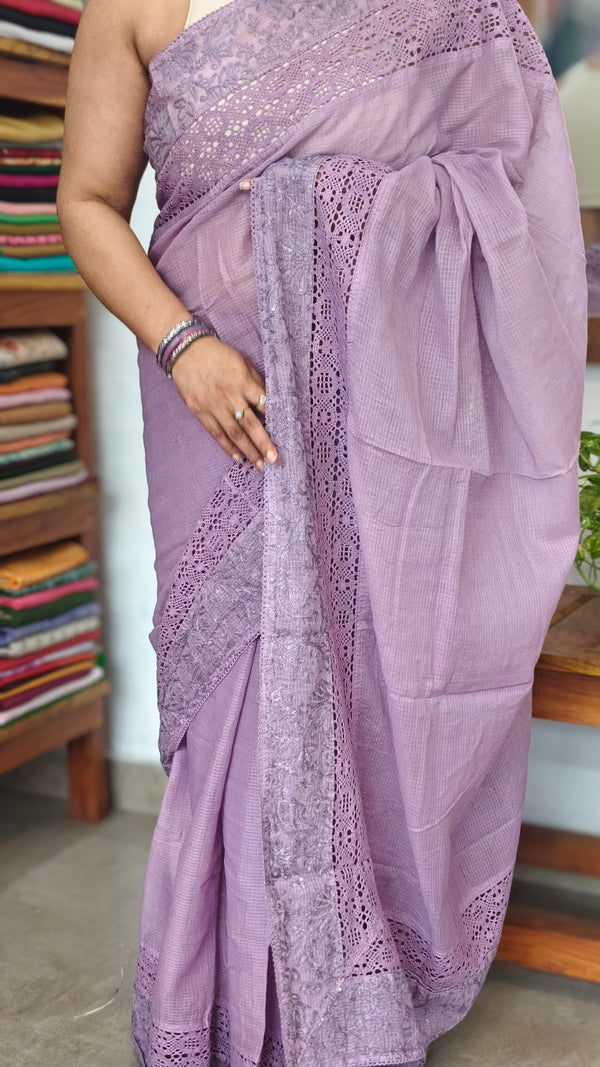 Dark Lavender Kota Saree with Embroidery and Crochet Lace - 35BT