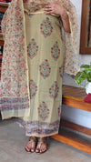 Dark Beige with Blue stripes Block Printed kota Doria Suit - GD331