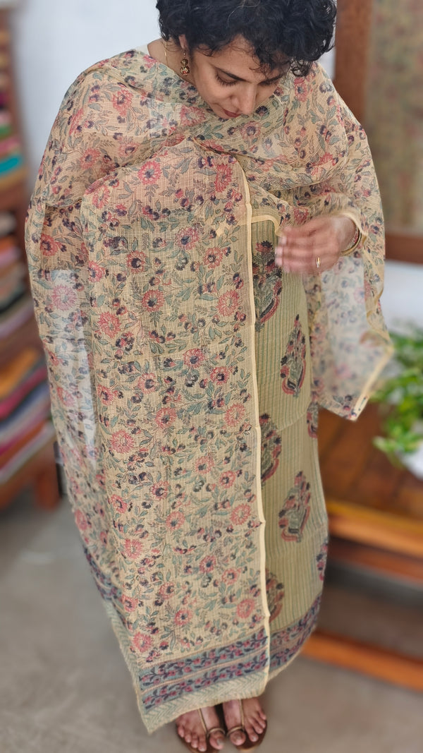 Dark Beige with Blue stripes Block Printed kota Doria Suit - GD331