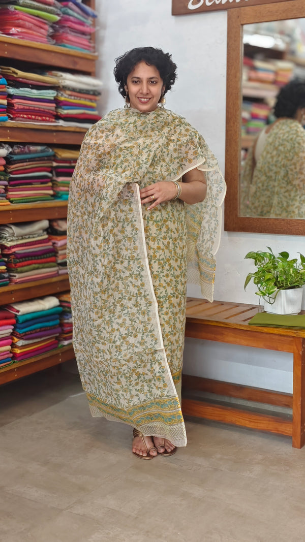 Beige Floral Block Printed Kota Doria Suit - GD331