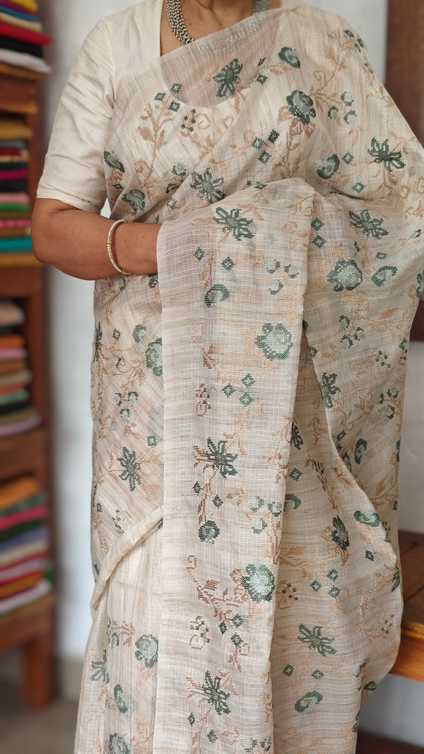 Light Beige and Teal Green Cross Stitch Embroidered Kota Saree - 5033
