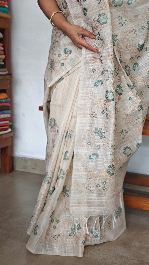 Light Beige and Teal Green Cross Stitch Embroidered Kota Saree - 5033