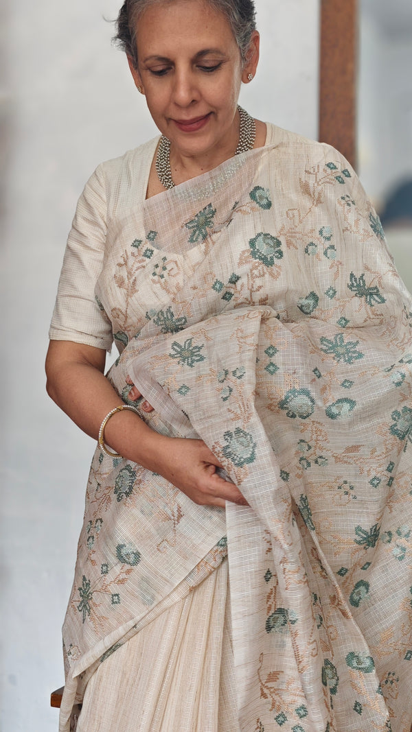 Light Beige and Teal Green Cross Stitch Embroidered Kota Saree - 5033