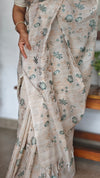 Light Beige and Teal Green Cross Stitch Embroidered Kota Saree - 5033