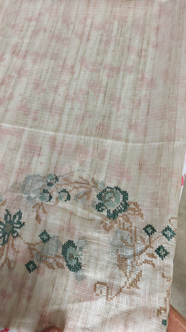 Light Beige and Teal Green Cross Stitch Embroidered Kota Saree - 5033