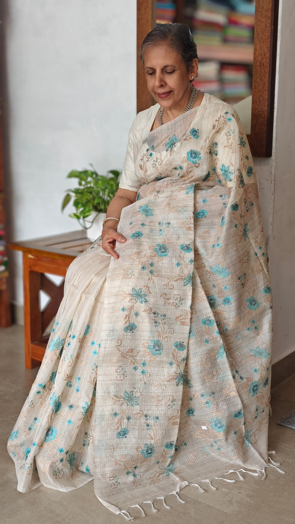 Light Beige and Blue Kota Saree with Cross Stitch Embroidery - 5033