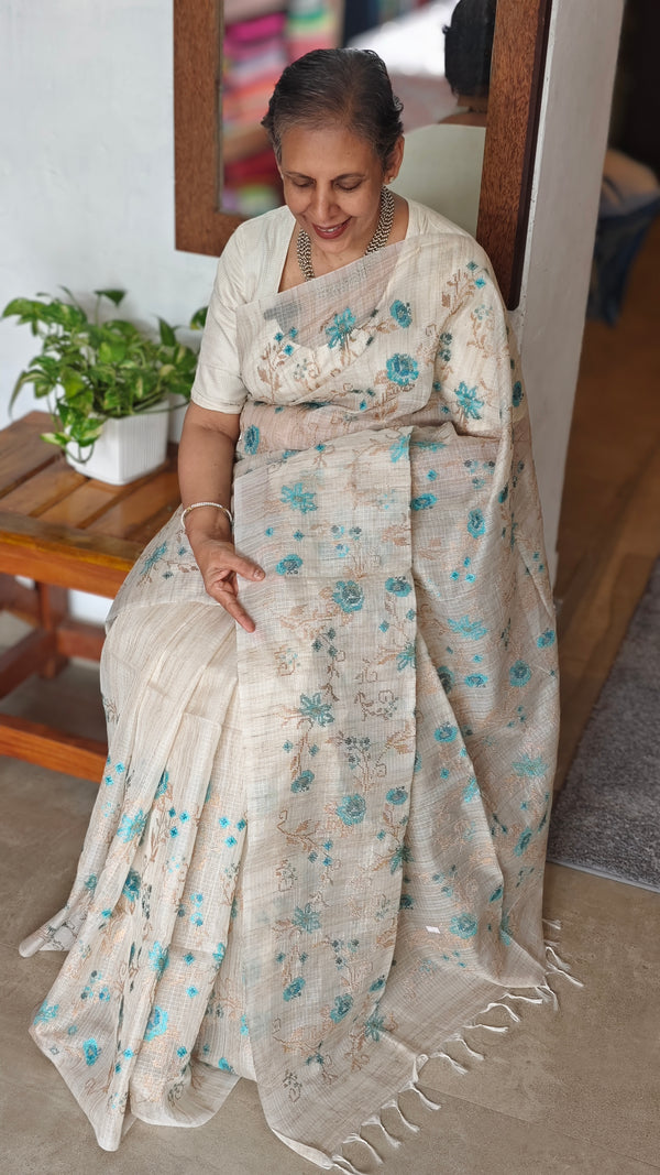 Light Beige and Blue Kota Saree with Cross Stitch Embroidery - 5033