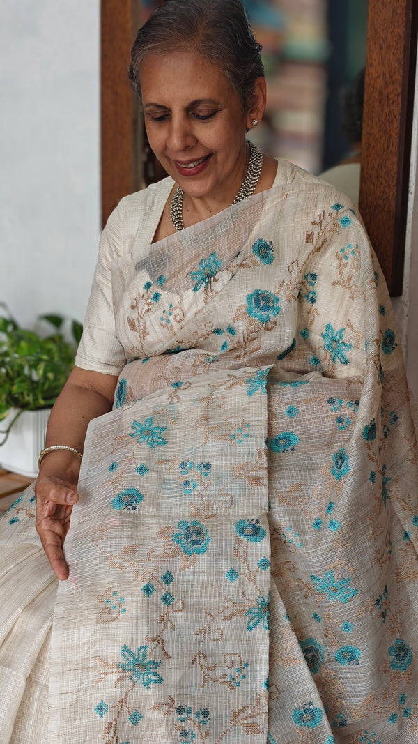Light Beige and Blue Kota Saree with Cross Stitch Embroidery - 5033