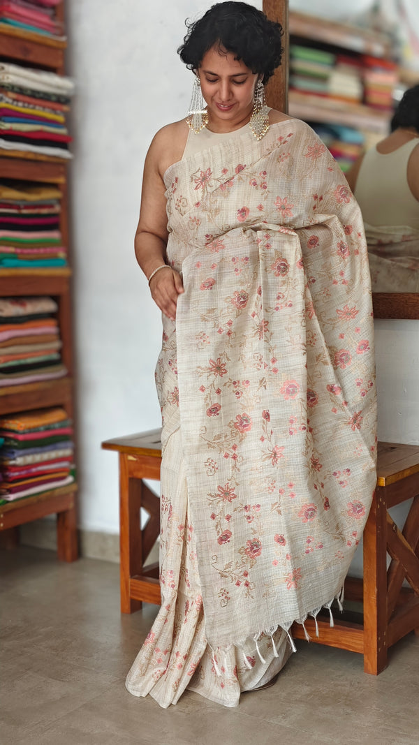 Light Beige and Peach Kota Saree with Cross Stitch Embroidery - 5033