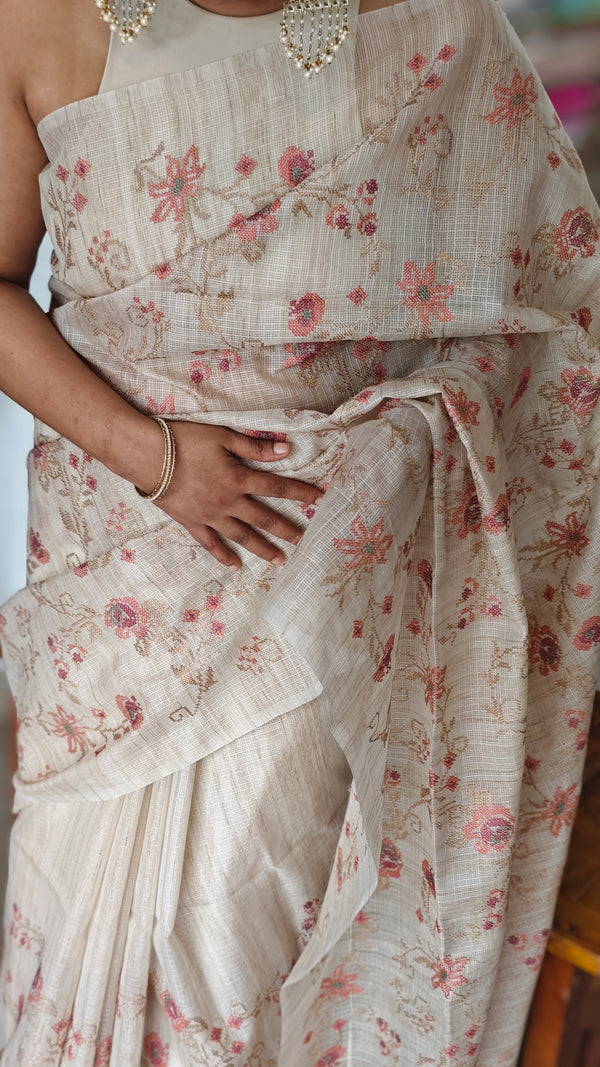 Light Beige and Peach Kota Saree with Cross Stitch Embroidery - 5033
