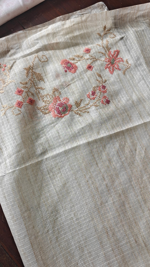 Light Beige and Peach Kota Saree with Cross Stitch Embroidery - 5033