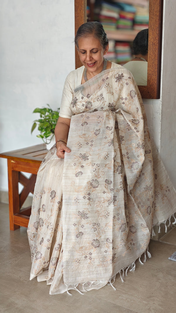 Light Beige and Taupe Kota Saree with Cross Stitch Embroidery - 5033