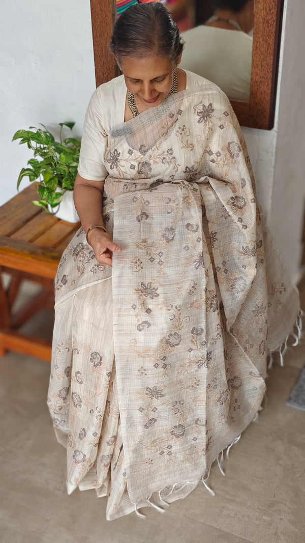 Light Beige and Taupe Kota Saree with Cross Stitch Embroidery - 5033