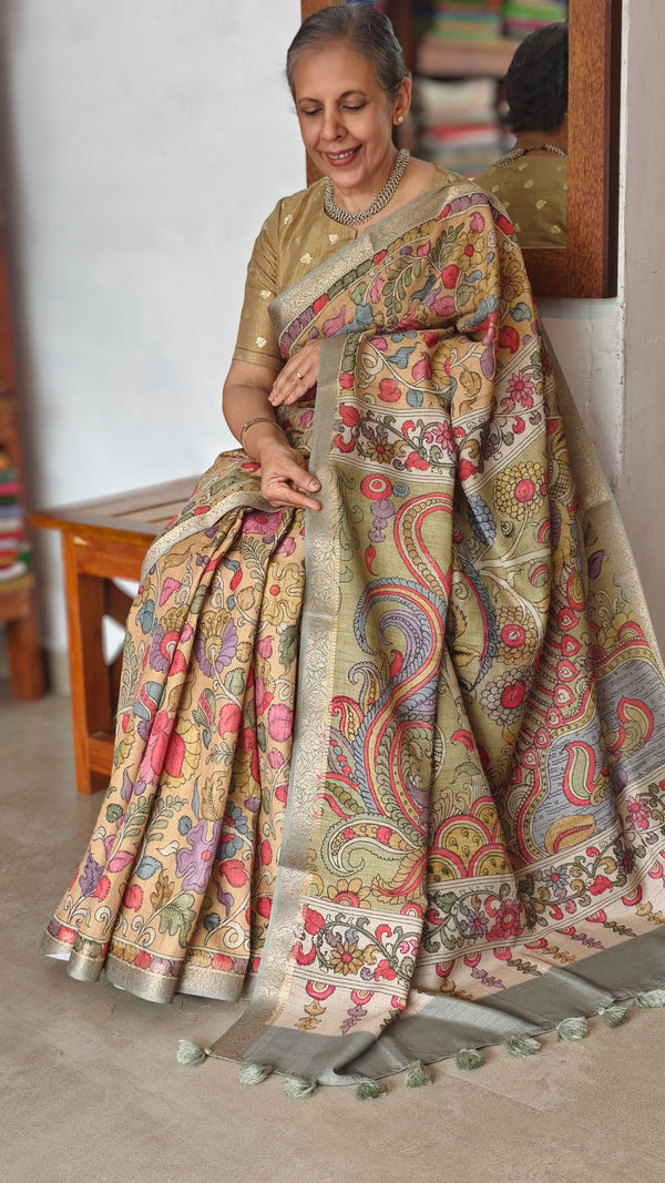 Kalamkari printed saree with Banarasi Borders