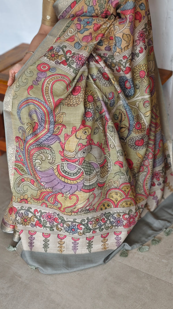 Kalamkari printed saree with Banarasi Borders