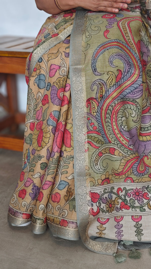 Kalamkari printed saree with Banarasi Borders