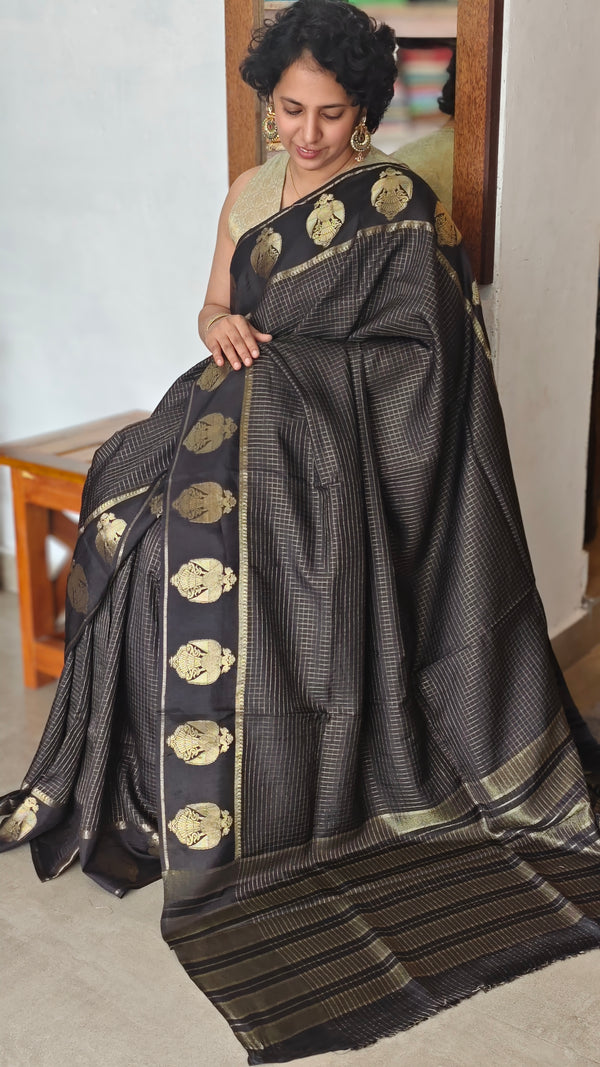 Black check Chinon Silk Banarasi Saree