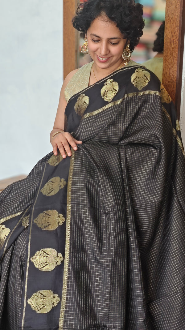 Black check Chinon Silk Banarasi Saree