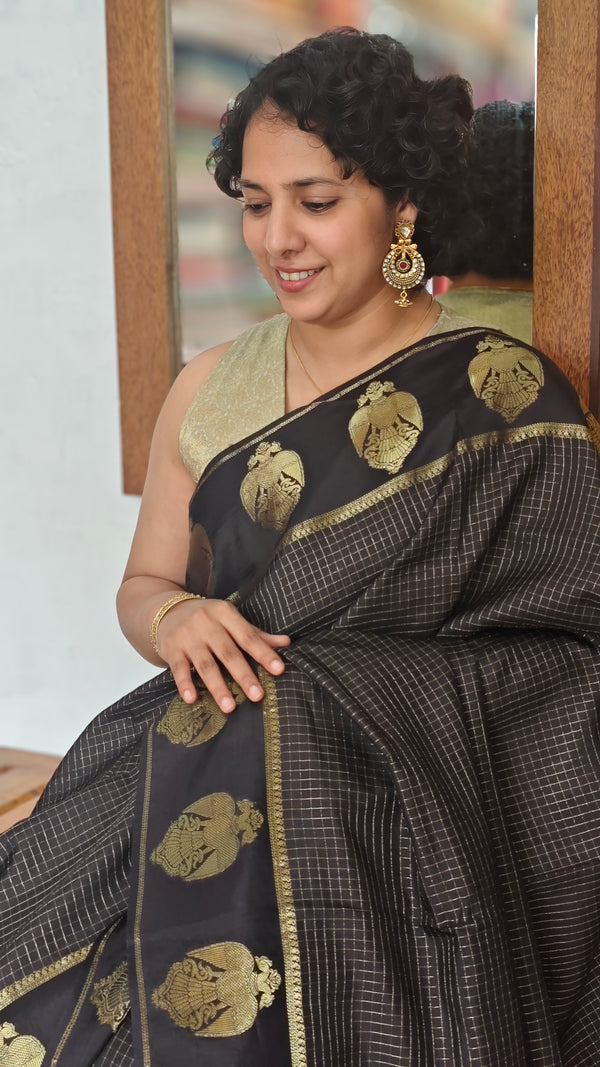 Black check Chinon Silk Banarasi Saree