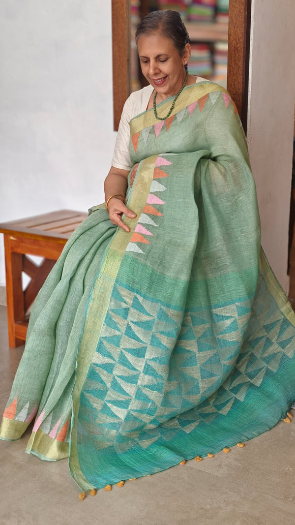 Teal Green Linen Cotton Saree