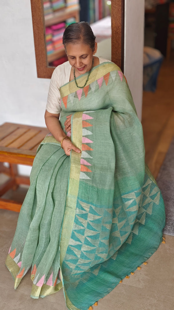 Teal Green Linen Cotton Saree