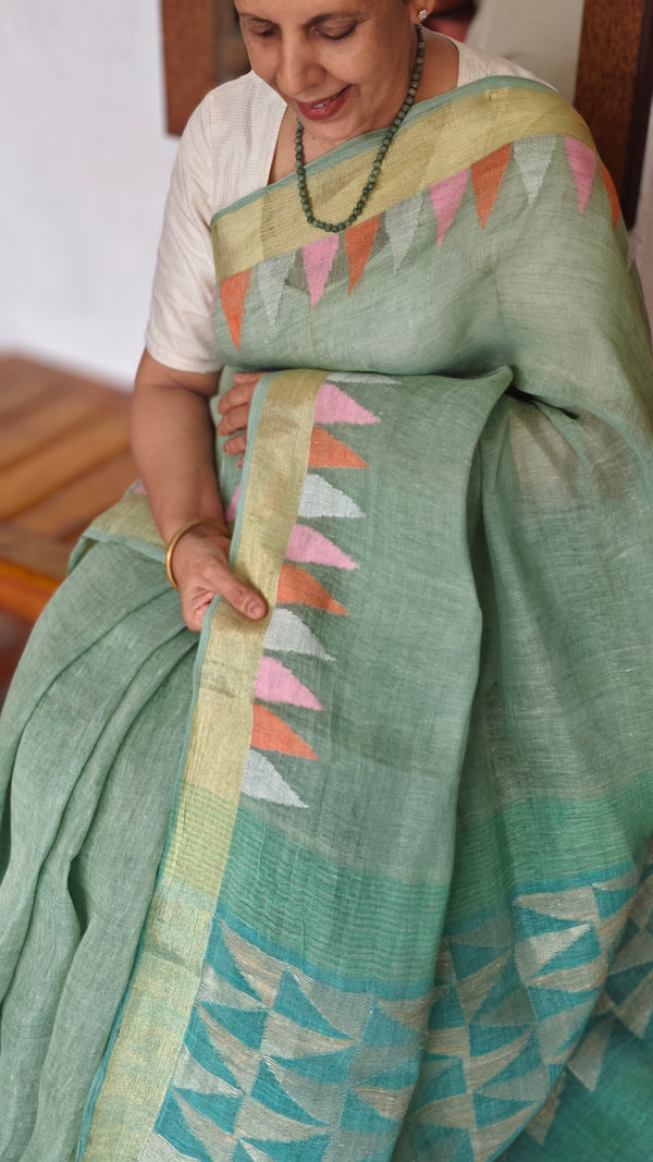 Teal Green Linen Cotton Saree