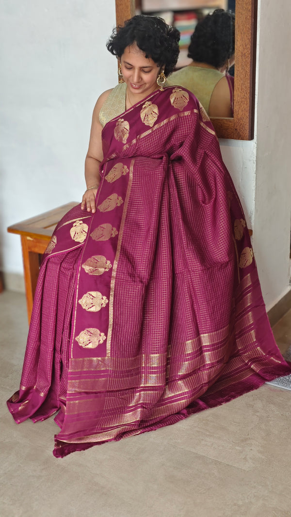 Wine Check Chinon Silk Banarasi Saree