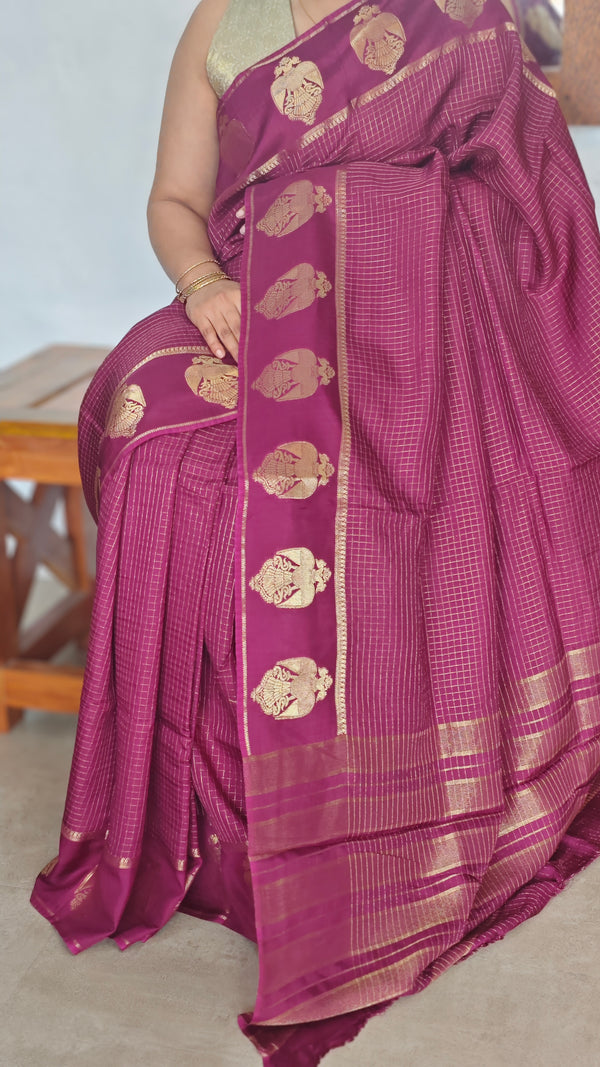 Wine Check Chinon Silk Banarasi Saree