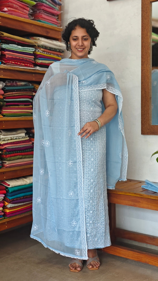 Steel Blue EmbroiderCrushed Organza Suit - 7292