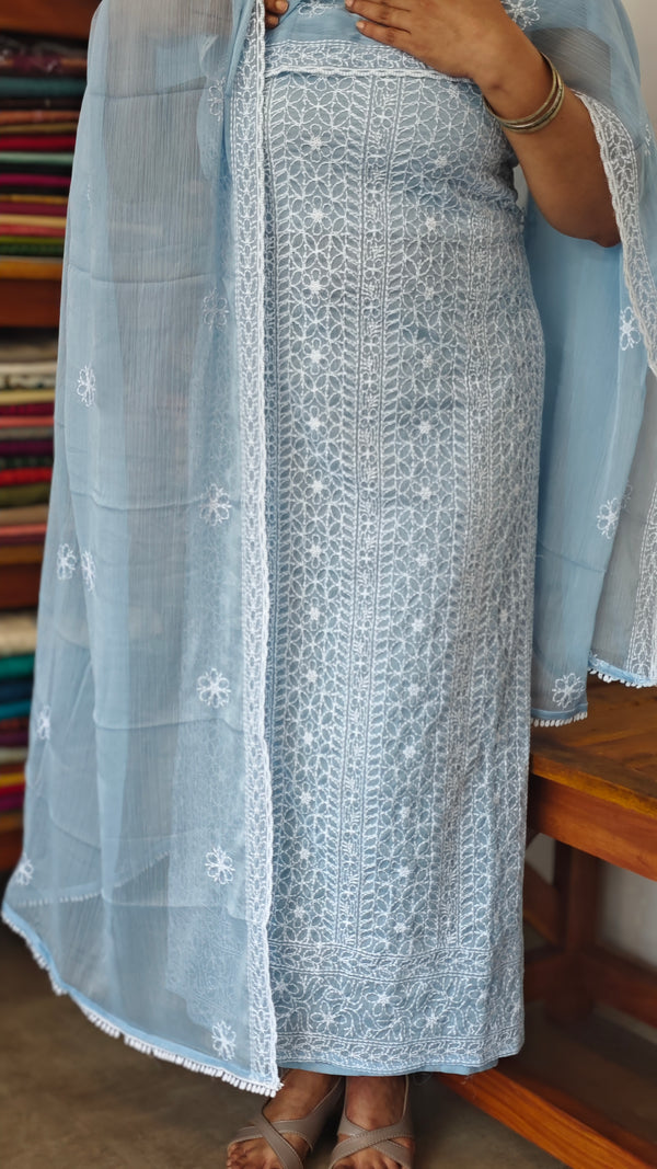 Steel Blue EmbroiderCrushed Organza Suit - 7292