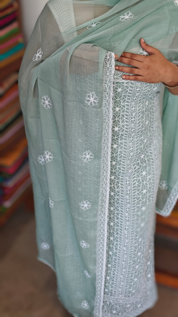 Sea Green Embroidrered Crushed Organza Suit - 7292