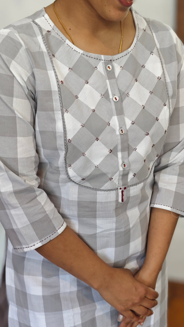 White and Grey Checks Cotton Coord Set