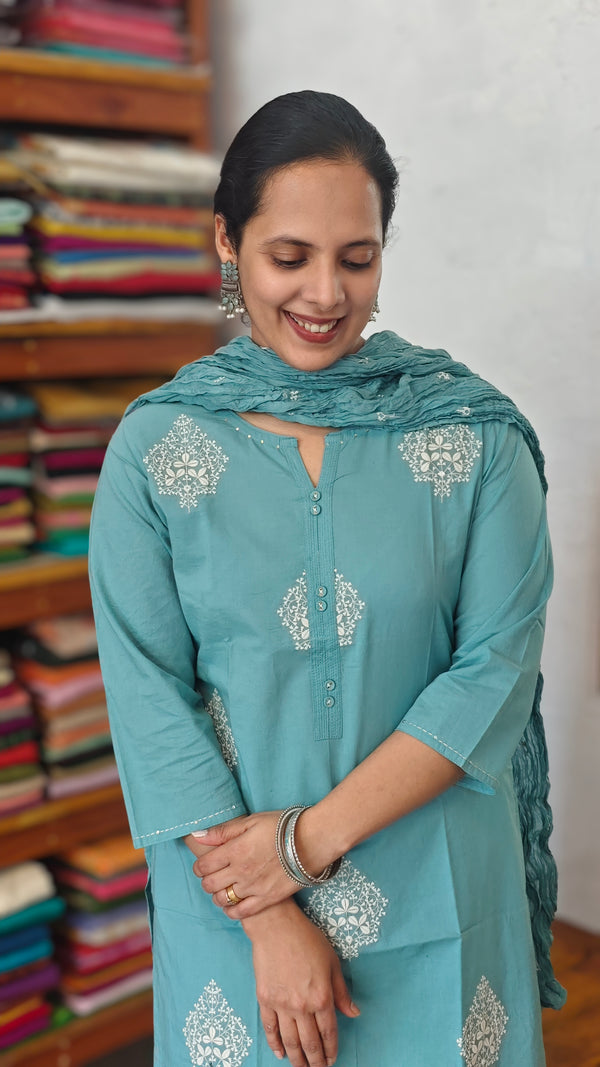 Teal Cotton 3 piece kurti set