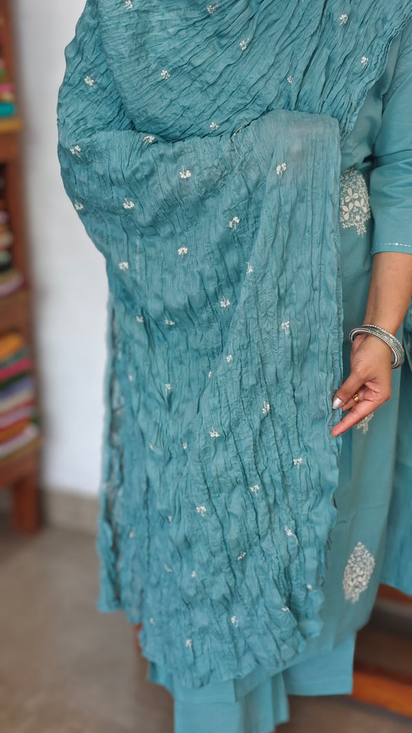 Teal Cotton 3 piece kurti set