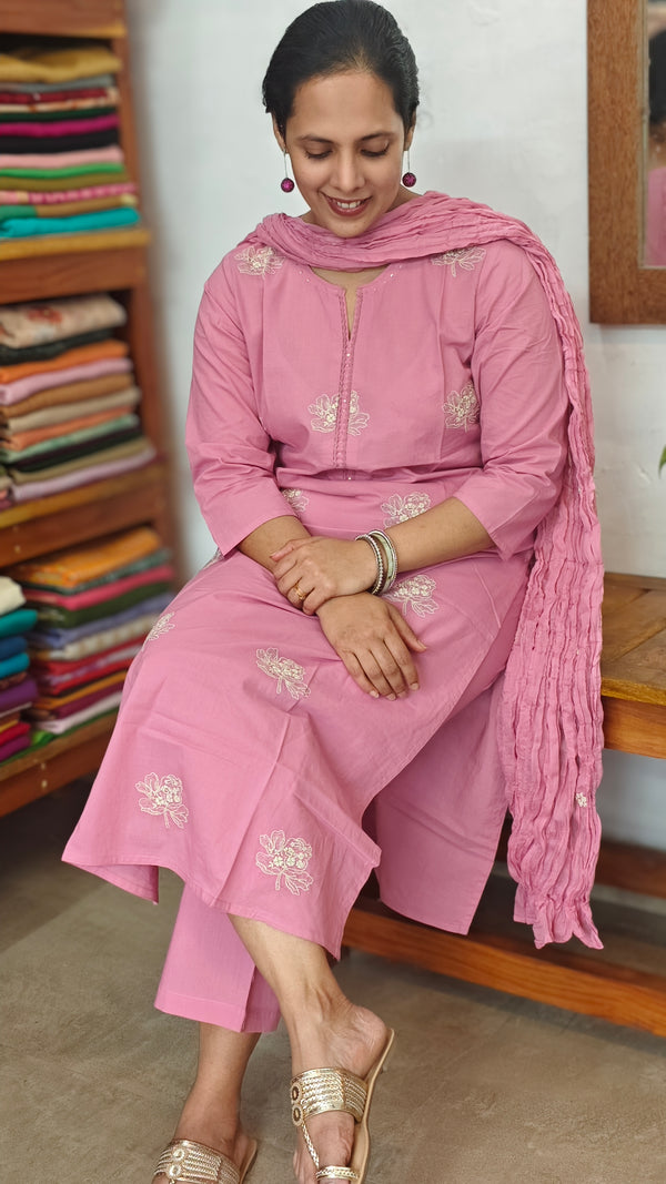 Pink Cotton 3 piece cotton kurti set