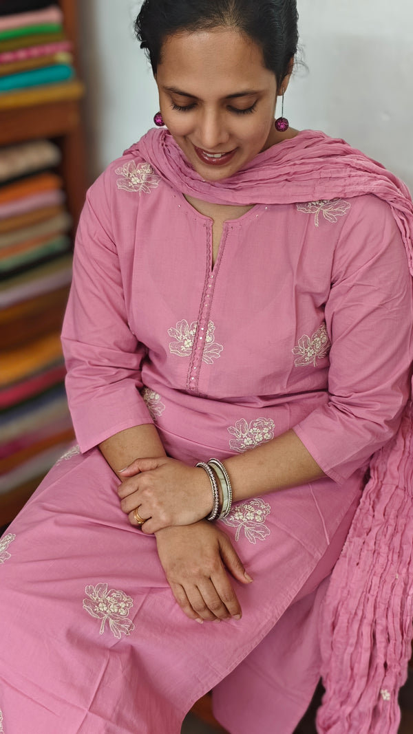 Pink Cotton 3 piece cotton kurti set
