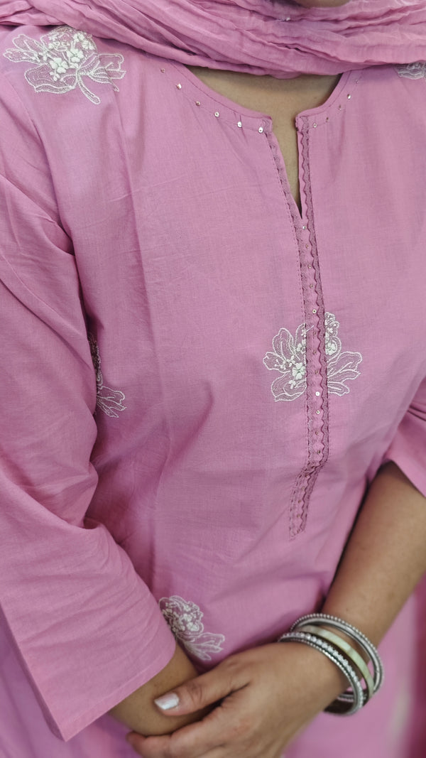 Pink Cotton 3 piece cotton kurti set