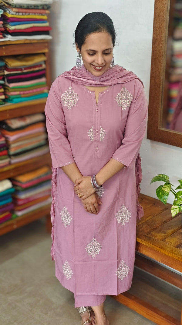 Lilac Cotton 3 piece kurti set
