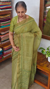 Moss Green Tissue Linen Saree with Hand Embroidery - JL391 - 1