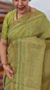 Moss Green Tissue Linen Saree with Hand Embroidery - JL391 - 1
