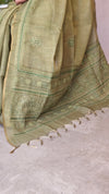 Moss Green Tissue Linen Saree with Hand Embroidery - JL391 - 1