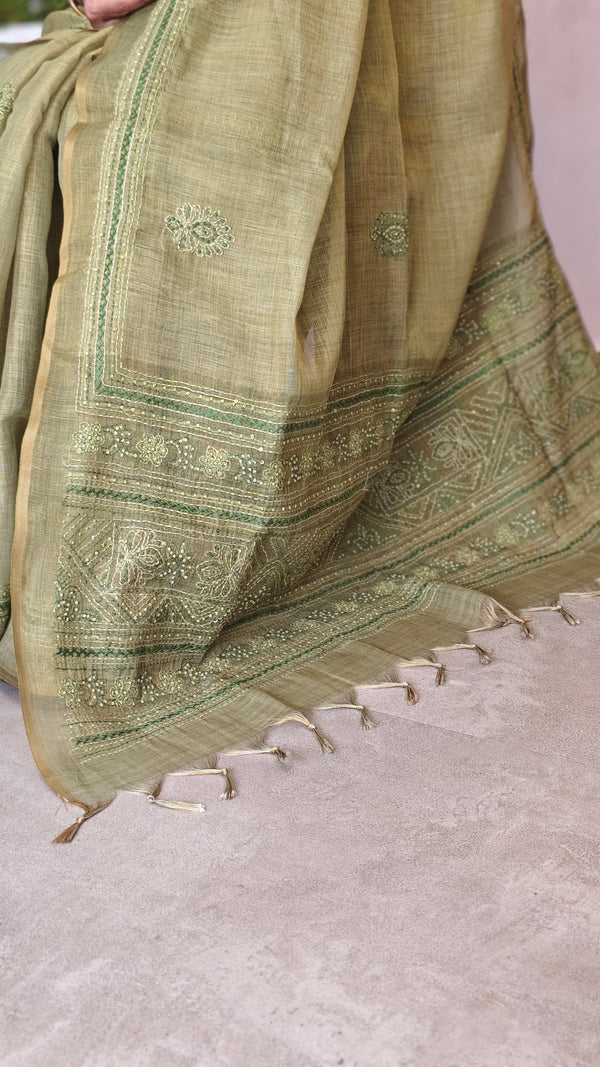 Moss Green Tissue Linen Saree with Hand Embroidery - JL391 - 1