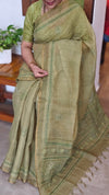 Moss Green Tissue Linen Saree with Hand Embroidery - JL391 - 1
