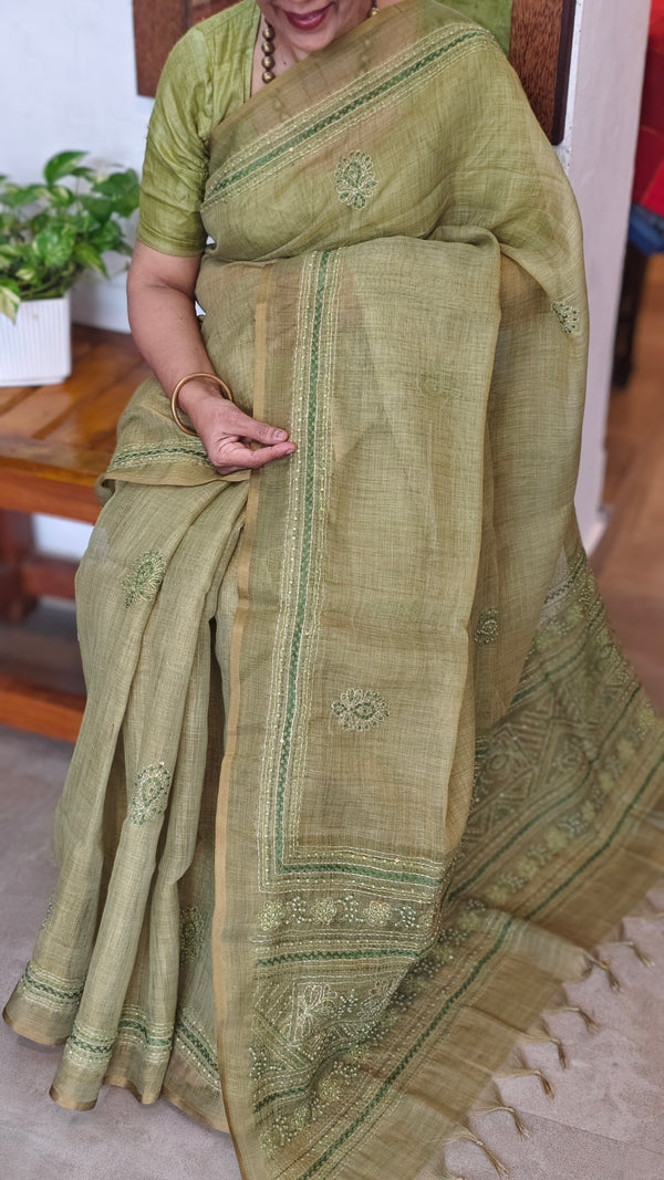 Moss Green Tissue Linen Saree with Hand Embroidery - JL391 - 1